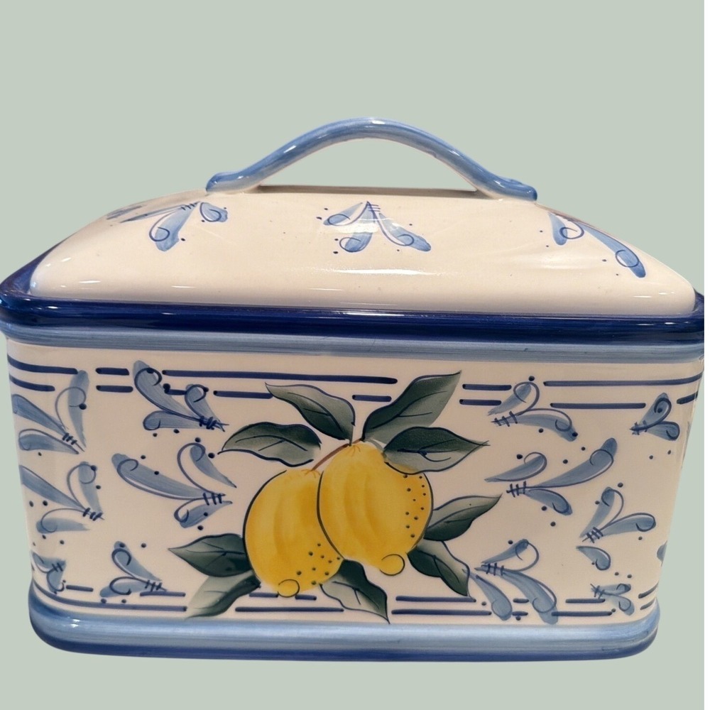 Inspirado vintage lemon ceramic bread box, hand-painted lemon/blue design.